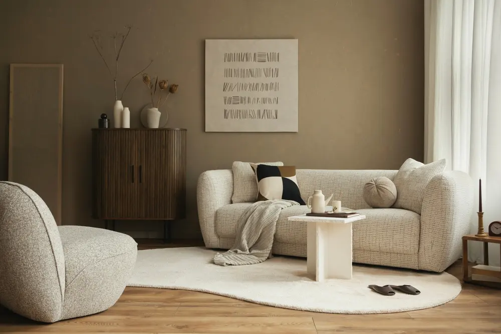 Salon contemporain aux tons bruns avec canapés clairs et mobilier en bois.